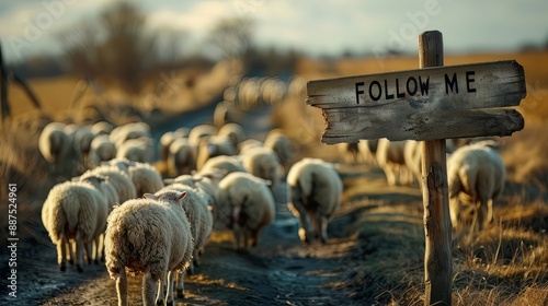 Sheep walking on street or road towards the sign with text follow me. Flock group following shepherd Jesus Christ, repent, believe gospel. Spiritual road or path, led astray, Bible God, copy space