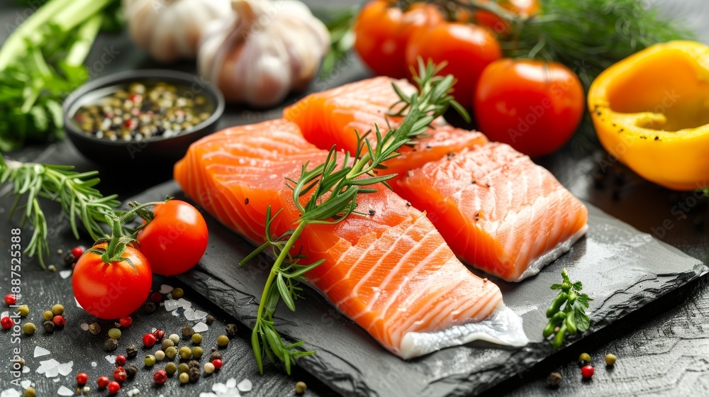 Fresh raw salmon fillets with cherry tomatoes and herbs on a slate board. Concept of healthy eating, seafood, culinary preparations, nutritious meals Fresh raw salmon fillets with cherry tomatoes and herbs on a slate board. Concept of healthy eating, seafood, culinary preparations, nutritious meals