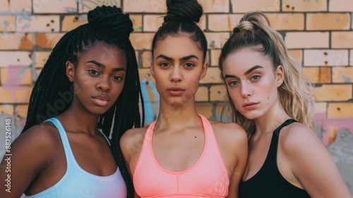 Three multinational women with different body in sportswear looking at camera while posing © Usman