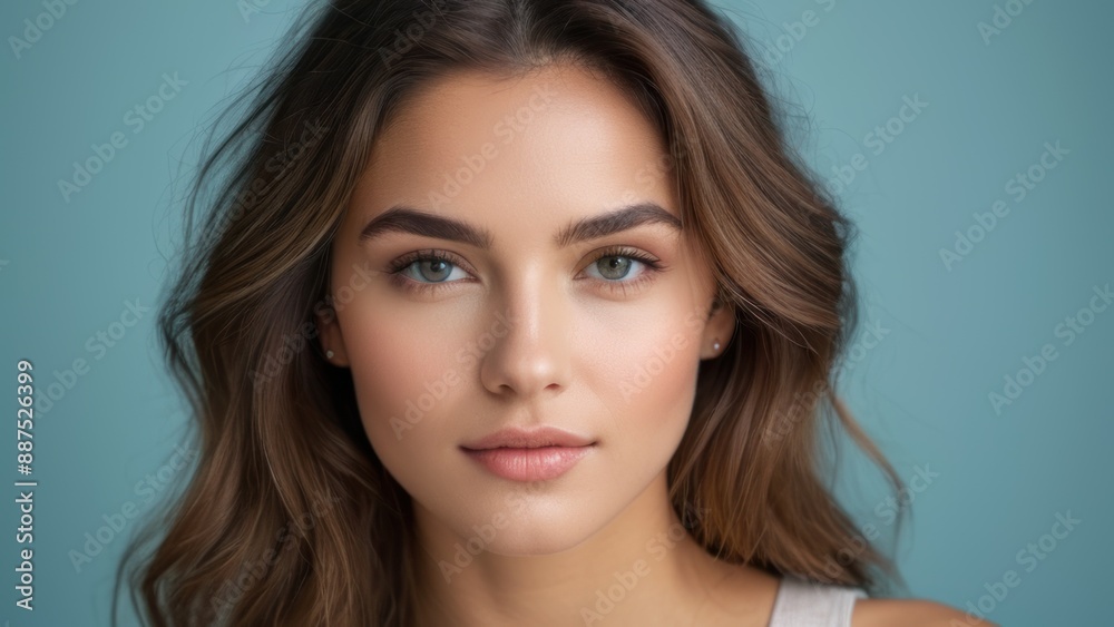 Close up portrait of a beautiful woman with clear skin and blue eyes, looking confident and serene against a blue background. Close up portrait of a beautiful woman with clear skin and blue eyes, looking confident and serene against a blue background.