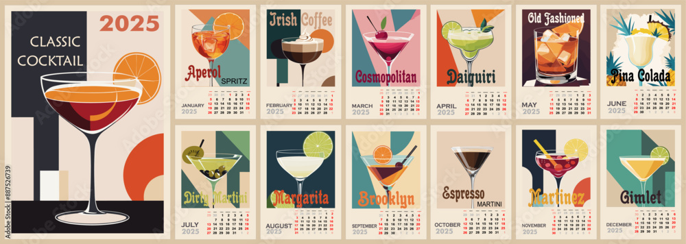 Calendar template for 2025 with Cocktail retro posters . Vertical ...