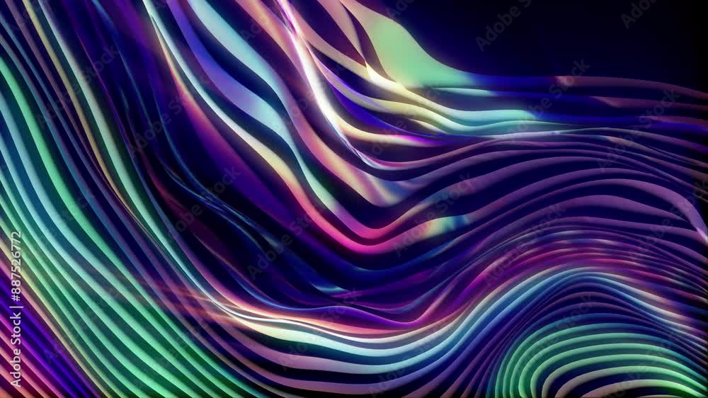 Abstract, fluid,projected in 3D space, flickering lights and changing perspectives,  wavy and colorful 3D lines seamless animation. Modern and contemporary feel in 4K. Metallic, iridescent 