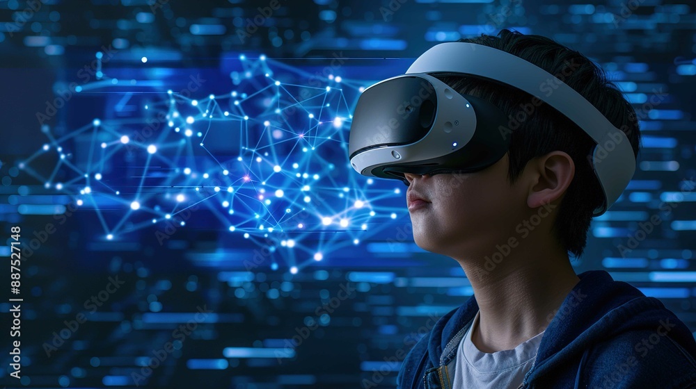 Male engineer wearing a virtual reality headset uses gestures to control a holographic display in a futuristic laboratory Male engineer wearing a virtual reality headset uses gestures to control a holographic display in a futuristic laboratory