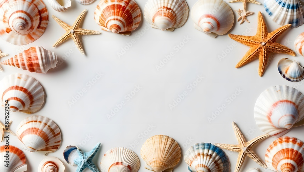 A seashell frame filled with beach treasures like starfish and conch shells captures the essence of summer A seashell frame filled with beach treasures like starfish and conch shells captures the essence of summer