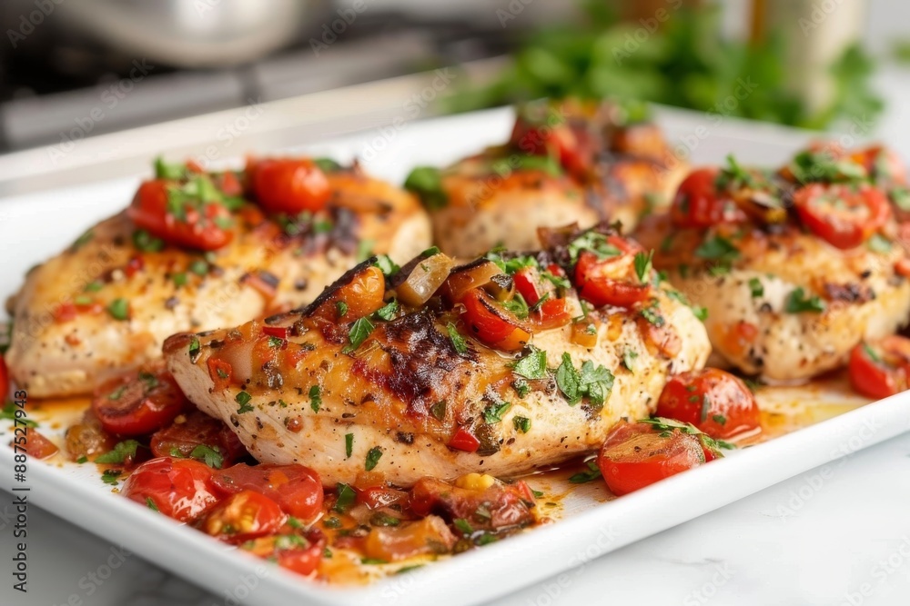 Take a picture of the ' Chicken Sorrentino Recipe ' on a clean white table in a kitchen Take a picture of the ' Chicken Sorrentino Recipe ' on a clean white table in a kitchen