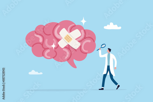 Mental health, depression or anxiety heal or recovery, psychotherapy, emotional intelligence, heal stress disease, mental wellbeing concept, doctor analyze cured mental illness brain with bandage.