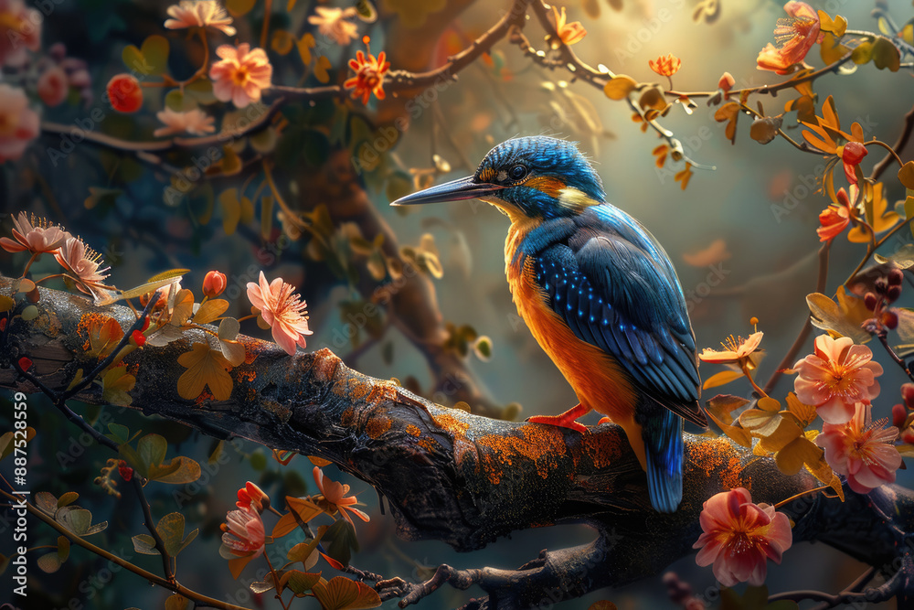 Fototapeta premium The blue emerald bird is on the flower branch