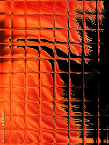 Vivid red orange and black with similar but different geometric shaped tiles in mosaic variation design