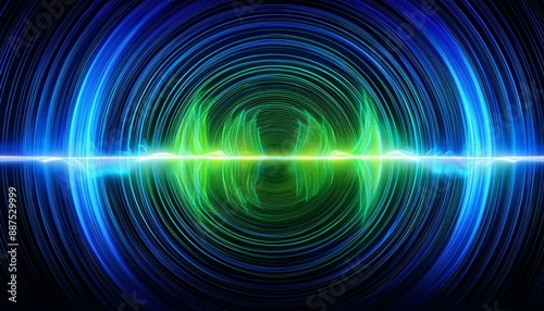 a dynamic radio frequency background with vibrant waves of electric blue and neon green pulsating against a dark space backdrop