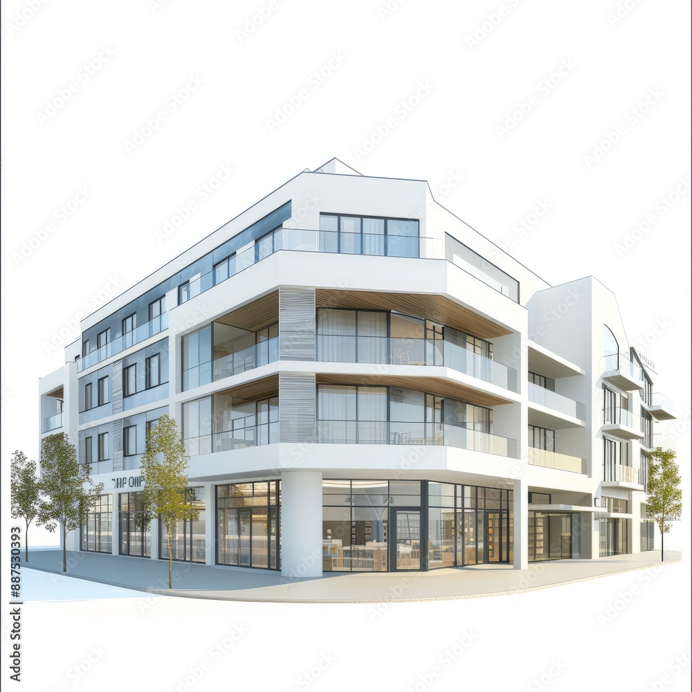 Obraz premium 3D Render of a Mixed-Use Development with Shops and Apartments, on isolated white background, Generative AI