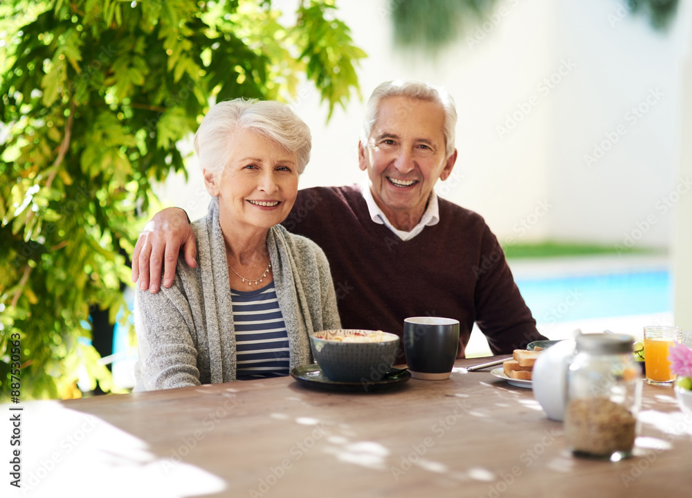 Senior couple, garden and breakfast together in home, portrait and bonding with food and coffee. Backyard, happy or married people in house for brunch in retirement, nature and support with love Senior couple, garden and breakfast together in home, portrait and bonding with food and coffee. Backyard, happy or married people in house for brunch in retirement, nature and support with love