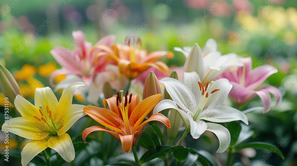 Close-up of vibrant lily flowers in a garden, showcasing a variety of colors in full bloom, with lush greenery in the background. Close-up of vibrant lily flowers in a garden, showcasing a variety of colors in full bloom, with lush greenery in the background.