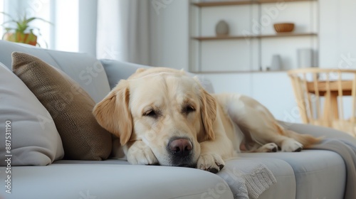 Cute dog resting on a comfortable sofa in a bright, cozy living room, enjoying a relaxing afternoon at home