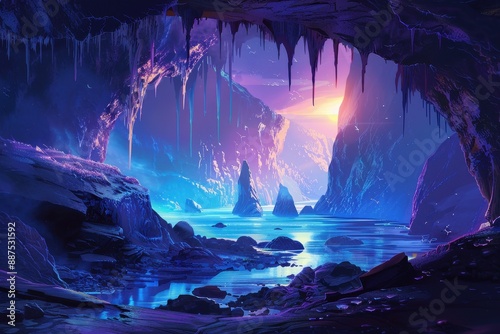 Bioluminescent cavern with floating rocks and a distant sunset over the water photo