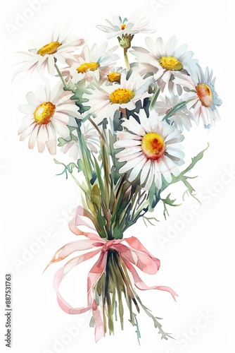 clip art, watercolour, bouquet of daisy tied with a pink ribbon