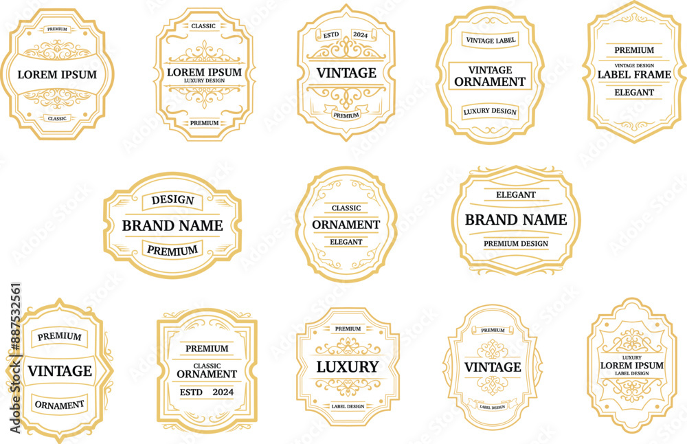 Set of vintage label frames sticker. Ornamental label frames. Art deco, classic border and retro badge. Good for tags, packaging, Royal wedding insignia, sticker, invitation card.