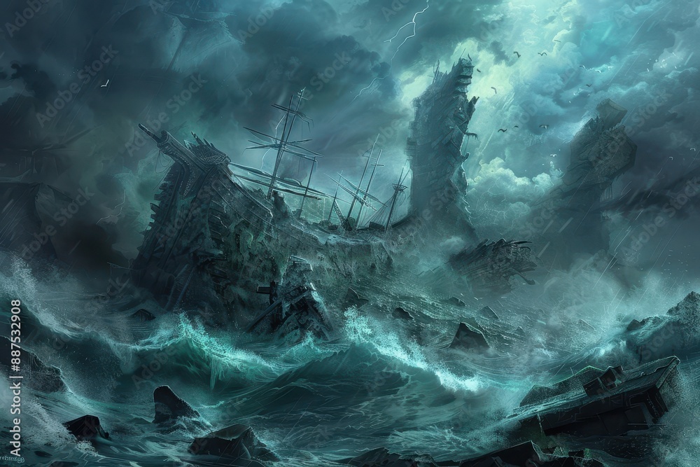 Ancient Shipwreck in a Stormy Sea Ancient Shipwreck in a Stormy Sea