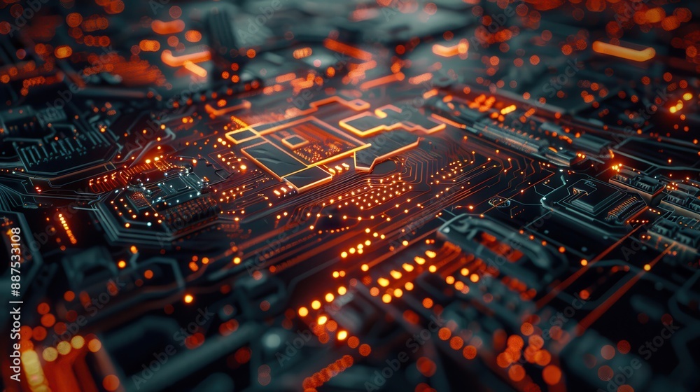 Abstract Technology Background with Glowing Circuit Board. Abstract Technology Background with Glowing Circuit Board.