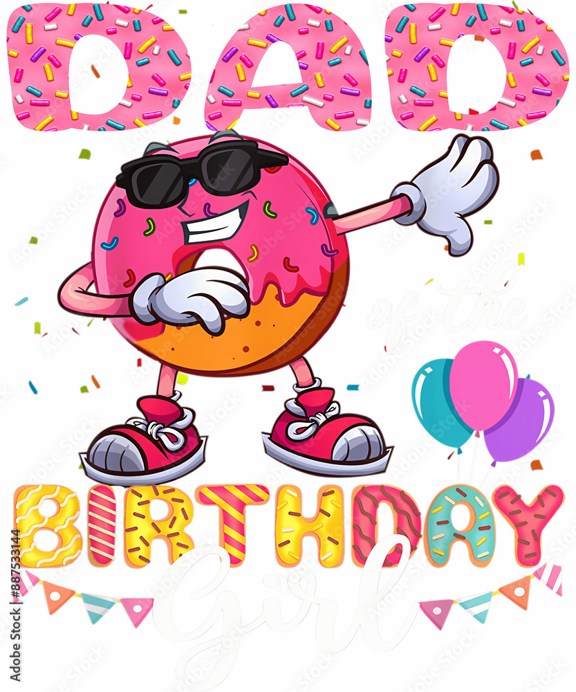 Naklejka premium A donut-shaped dad wearing sunglasses dances with the words 