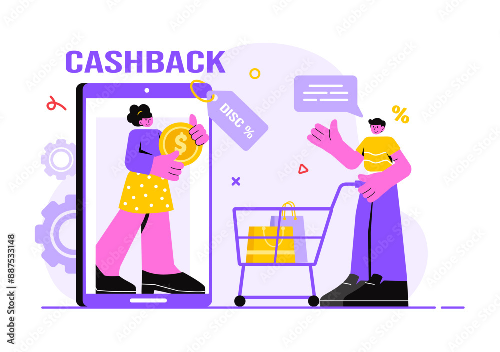 Cashback Vector Illustration with Financial Payment to Money Cashback Service for a Buyer on a Flat Cartoon Style Background Cashback Vector Illustration with Financial Payment to Money Cashback Service for a Buyer on a Flat Cartoon Style Background