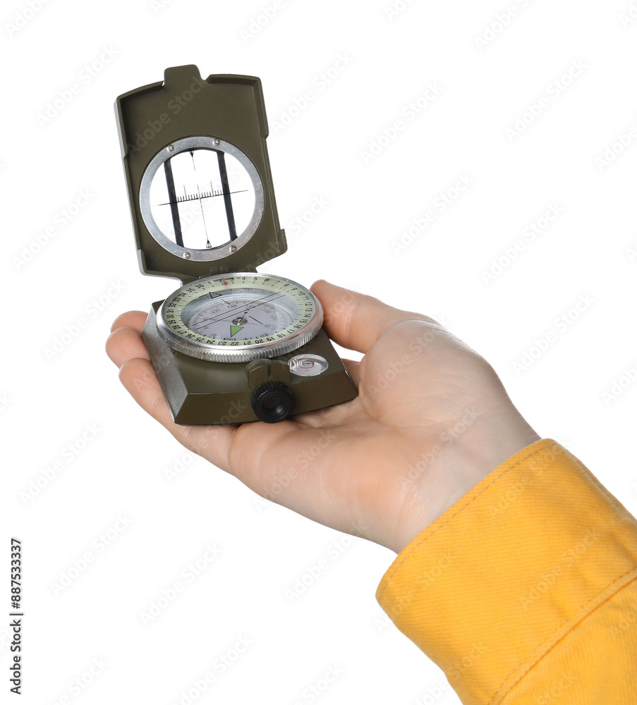 Woman holding compass on white background, closeup Woman holding compass on white background, closeup