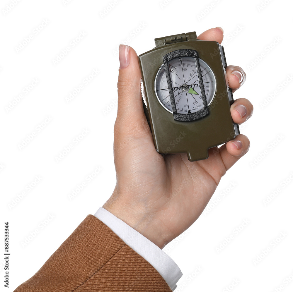 Woman holding compass on white background, closeup Woman holding compass on white background, closeup