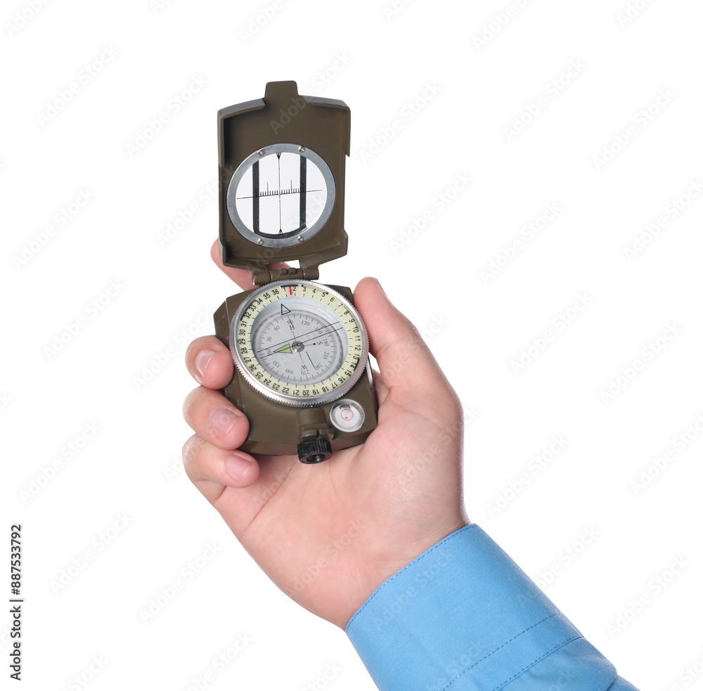 Man holding compass on white background, closeup Man holding compass on white background, closeup