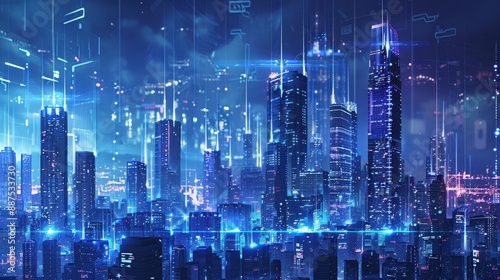 Futuristic Cityscape with Neon Lights and Digital Overlays.