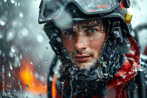 Firefighter in gear extinguishing fire under bright sunlight on white background photo