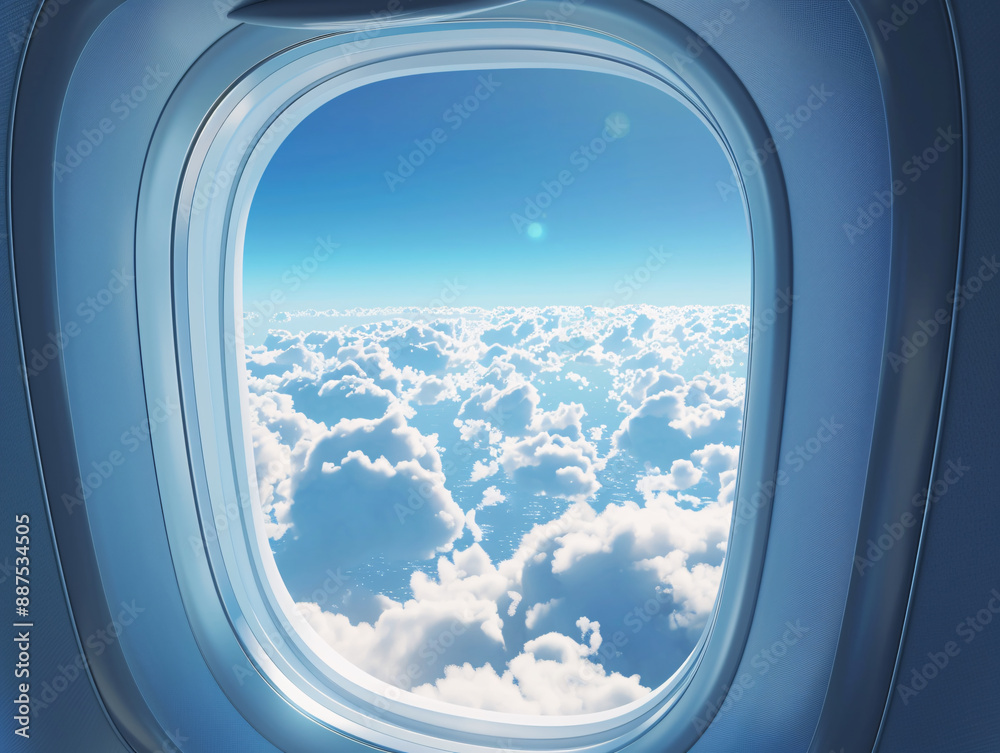 a window of an airplane with clouds and blue sky a window of an airplane with clouds and blue sky