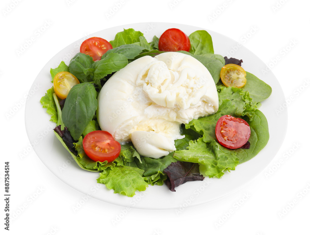 Delicious fresh burrata salad isolated on white Delicious fresh burrata salad isolated on white
