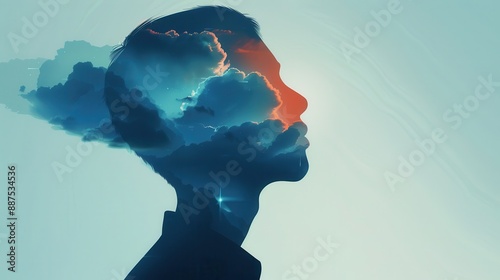Silhouette of a person with clouds inside their head.
