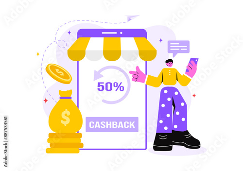 Cashback Vector Illustration with Financial Payment to Money Cashback Service for a Buyer on a Flat Cartoon Style Background