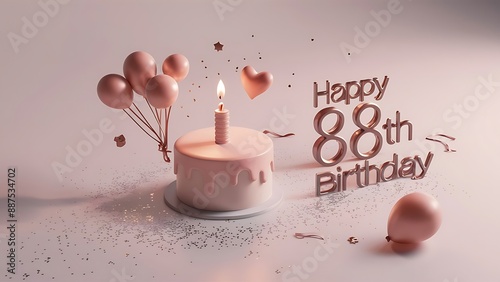 Minimalist 3D Pastel theme Happy 88th Birthday Background With Illustration Of Cake, Balloons, Heart And Confetti, 3d Happy Birthday Background photo