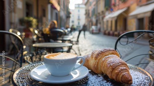 Fototapeta Naklejka Na Ścianę i Meble -  A charming Italian cafe table with a classic cappuccino and a freshly baked cornetto on a plate