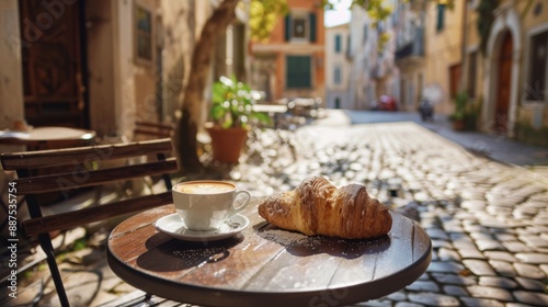 Fototapeta Naklejka Na Ścianę i Meble -  A charming Italian cafe table with a classic cappuccino and a freshly baked cornetto on a plate