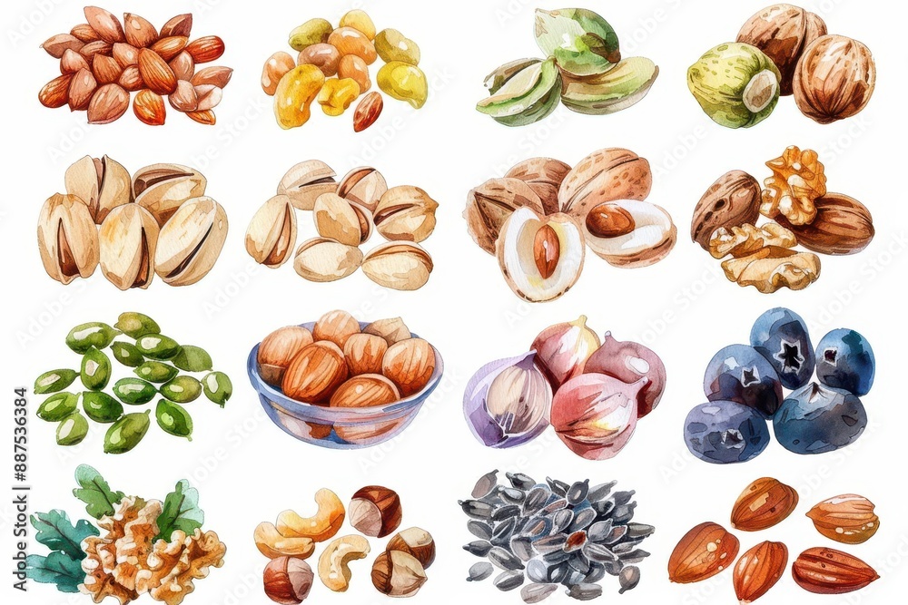 A colorful collection of various nuts and seeds, including almonds, pistachios, macadamia nuts, and more. Perfect for healthy eating themes. A colorful collection of various nuts and seeds, including almonds, pistachios, macadamia nuts, and more. Perfect for healthy eating themes.