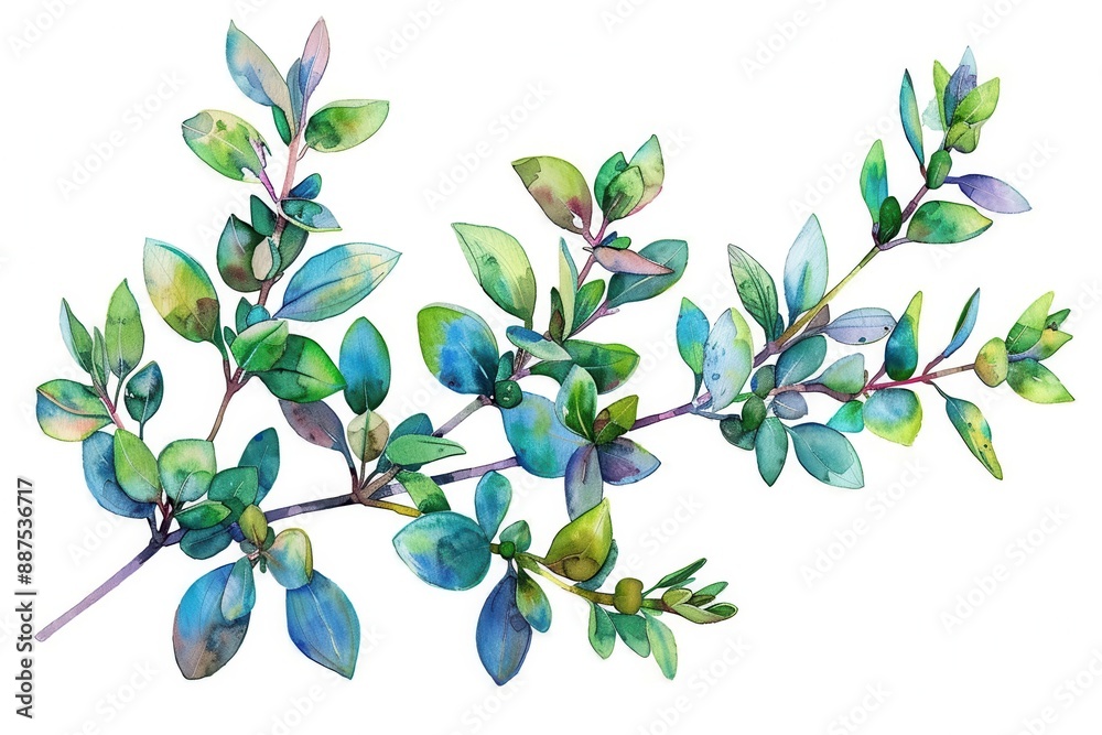 Obraz premium Watercolor illustration of a vibrant leafy branch with green and blue hues on a white background, perfect for art, nature, and botanical themes.