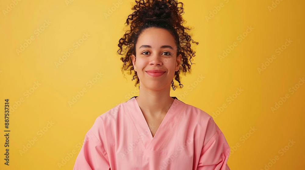 Confident Female Nurse in Pink Medical Gown on Yellow Background Confident Female Nurse in Pink Medical Gown on Yellow Background