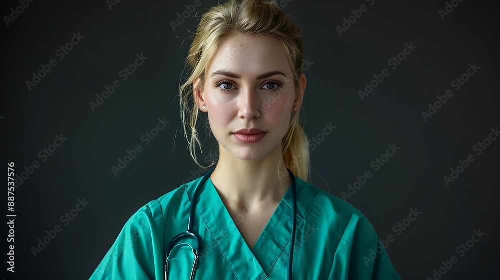 Confident Female Doctor in Green Medical Gown Standing on Black Background Confident Female Doctor in Green Medical Gown Standing on Black Background