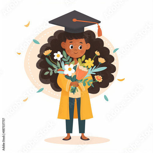 Illustration of a graduate in cap and gown holding flowers, celebrating academic achievement and future success. photo