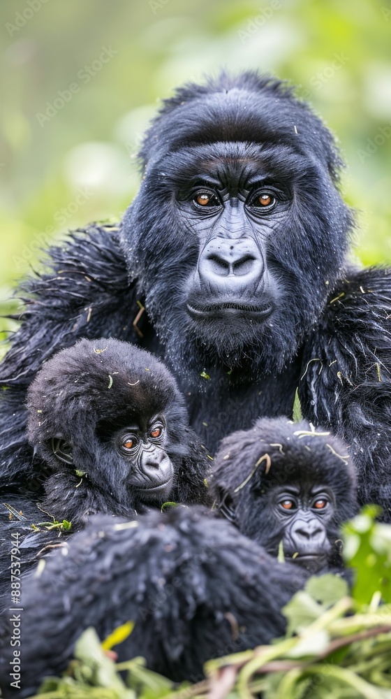 Obraz premium A mother gorilla and her two babies are sitting in the grass