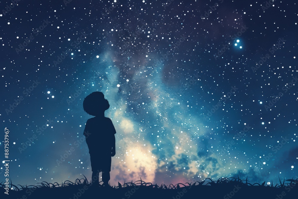A child standing under a night sky filled with stars and the Milky Way, looking up in amazement A child standing under a night sky filled with stars and the Milky Way, looking up in amazement
