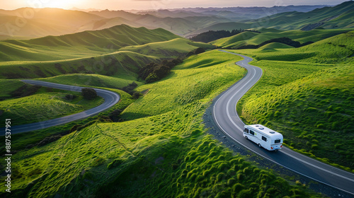 Fototapeta Naklejka Na Ścianę i Meble -  A motorhome traverses a winding road amid lush hills during sunset.