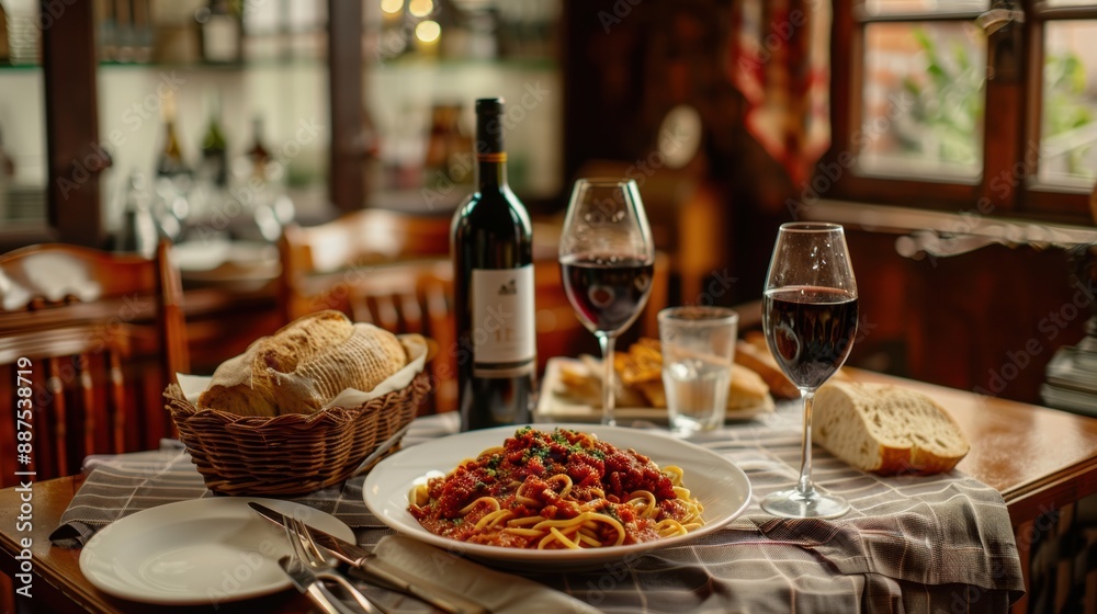 A cozy Italian trattoria with a table set for two, featuring a bottle of red wine A cozy Italian trattoria with a table set for two, featuring a bottle of red wine