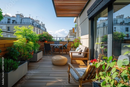 A balcony with a table  chairs  and potted plants for outdoor relaxation