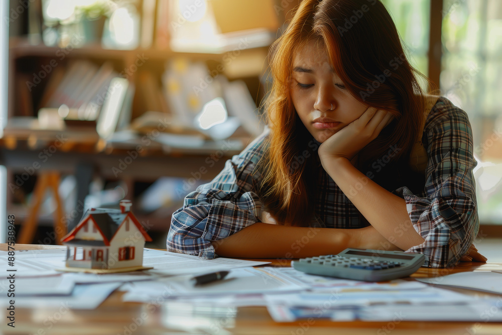 Fototapeta premium Businesswoman with financial stress at desk with house model, documents, and pen, face buried in hands