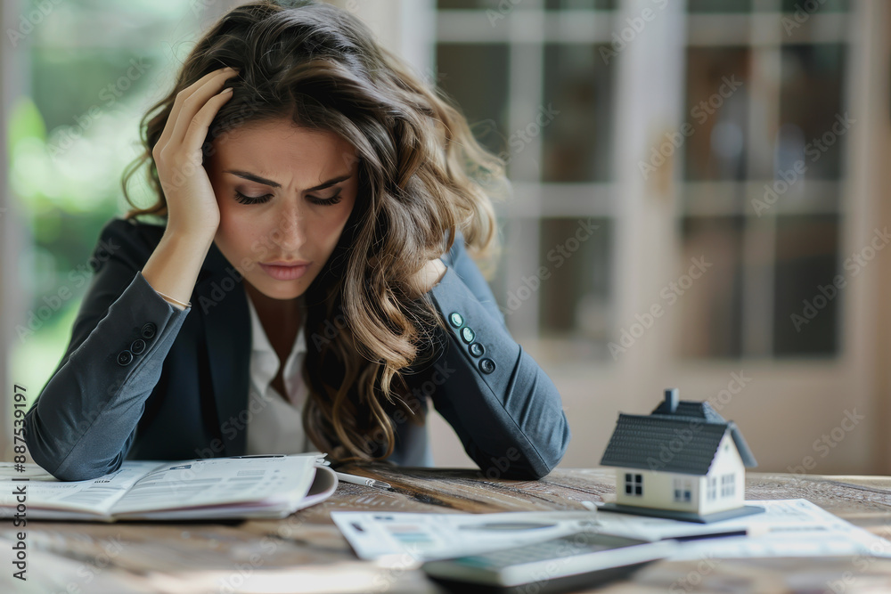 Overwhelmed woman in blue suit with financial problems at cluttered table, face in hands Overwhelmed woman in blue suit with financial problems at cluttered table, face in hands
