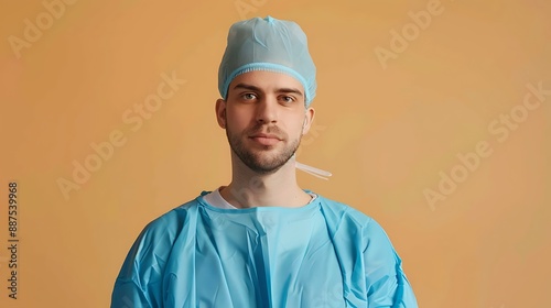 Portrait of Confident Male Surgeon Wearing Blue Medical Gown on Beige Background