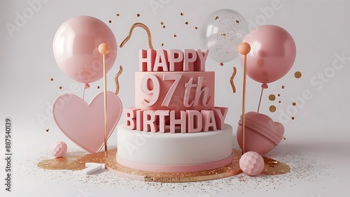 Minimalist 3D Pastel theme Happy 97th Birthday Background With Illustration Of Cake, Balloons, Heart And Confetti, 3d Happy Birthday Background